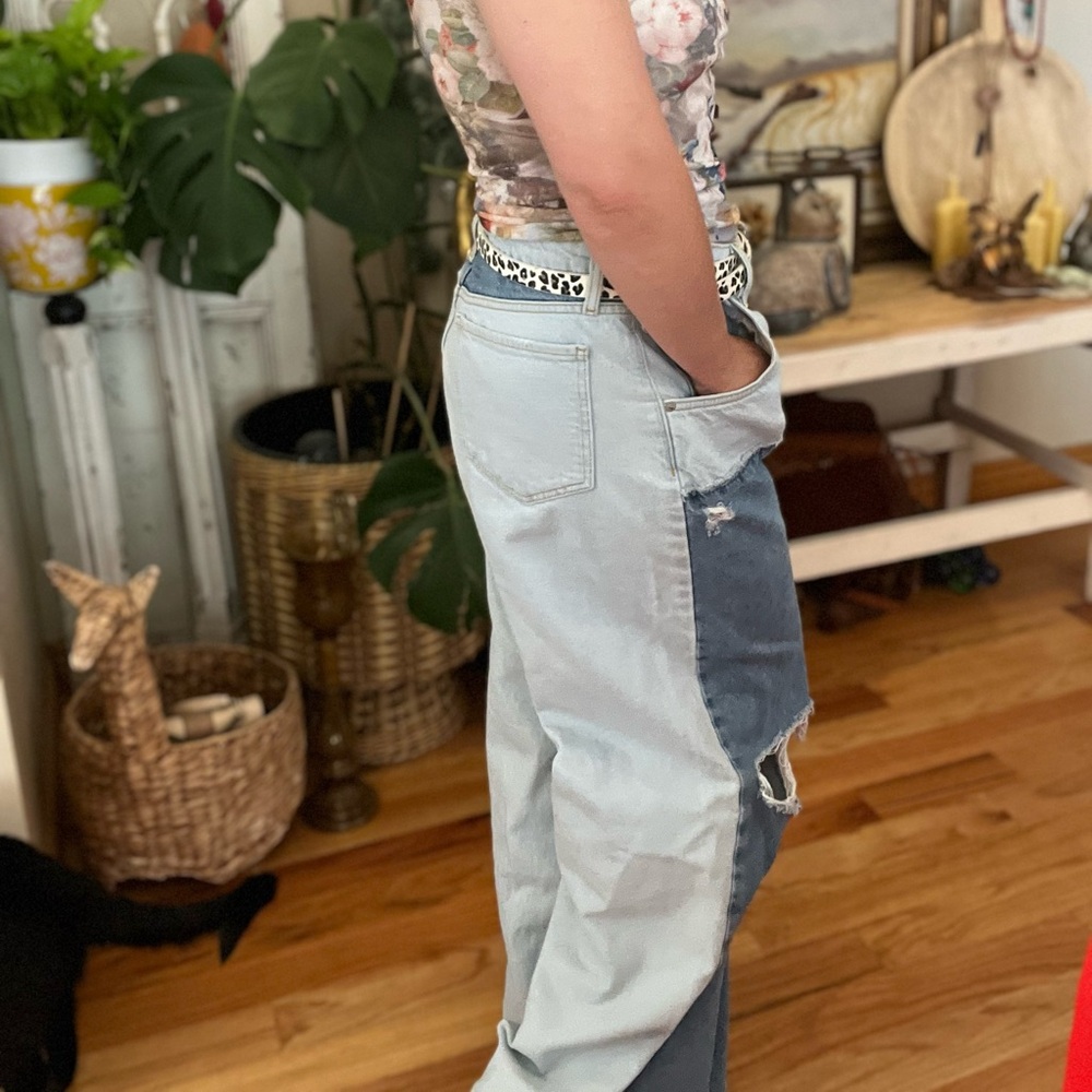Reworked Denim forever 21 light wash baggy wide leg patchwork distressed jeans - Picture 5 of 10